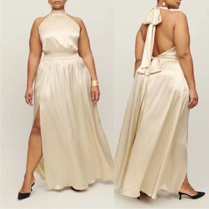 NWT Reformation Ivory Alani Silk Side Slit Backless Halter Maxi Dress size 14